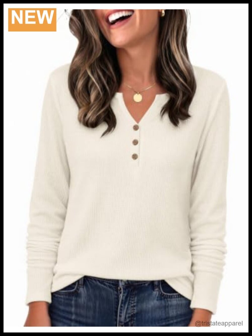 Waffle Knit Long Sleeve Tunic Top Button Down V-Neck Blouse